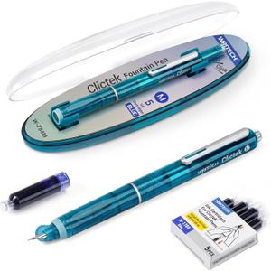 WRITECH Clictek Fountain Pen Set: Retractable Style Blue Ink Medium Nib Transparent Barrel, Includes 5 Ink Cartridges for Gift Set, Smooth Writing No Leaking (Green)