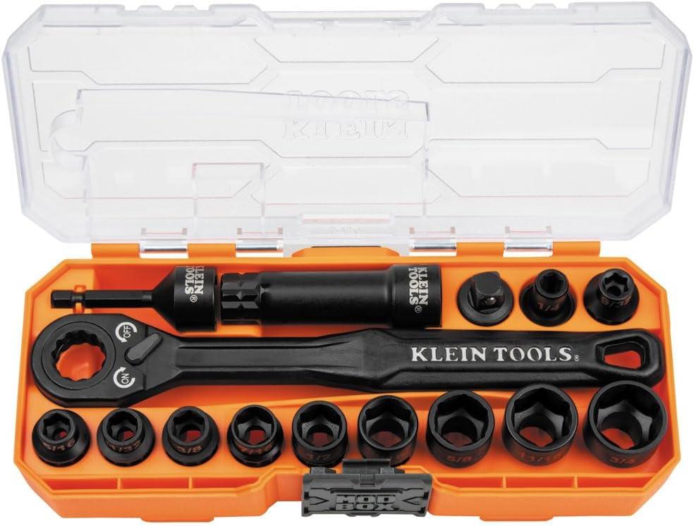 Klein Tools 65400 KNECT 15-Piece Pass Through Socket Set, SAE Impact Socket Set with MODbox Case, Sockets, Bits, Accessories and 3/8-Inch Drive Adapter (3/8-Inch Pass Through Kit)