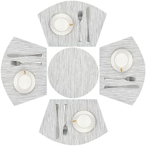 SHACOS Small Round Table Placemats Set of 5 Wedge Shaped Place Mat with Round Centerpiece Mat Heat Resistant Table Mats Washable (5, Gray White)
