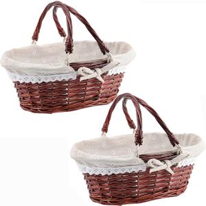 ZOENHOU 2 PCS Brown Wicker Gift Empty Basket, Hand-Woven Favors Storage Willow Picnic Basket with Handles for Fruit Vegetable Picking Egg Candy Gathering Valentines