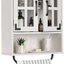 RUSTOWN Wood Wall Storage Cabinet with Cross Glass Doors, Farmhouse Wall Mounted, 3 Tier Rustic Cabinet with Adjustable Shelves and Towel Bar for Bathroom, Living Room, Vintage White