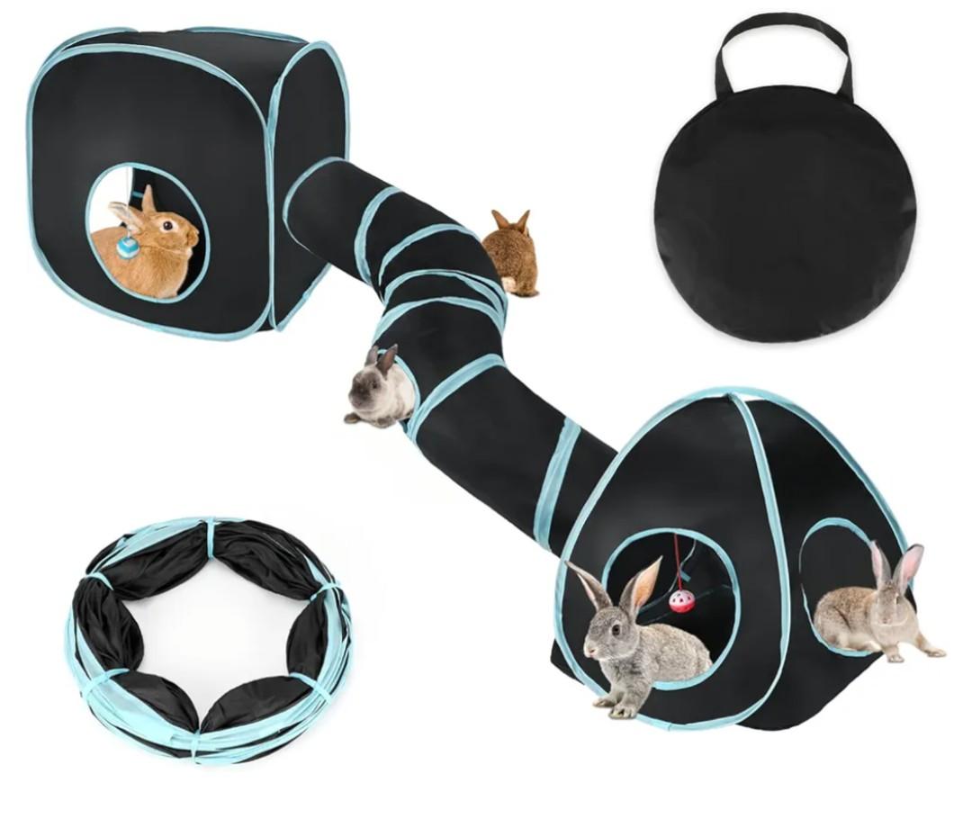 BWOGUE Bunny Tunnels & Tubes Collapsible Rabbit Hideout Tube and Foldable Cubes Playground Small Animal Activity Hideaway for Dwarf Rabbits Bunny Guinea Pigs Kitty (Blue Black)
