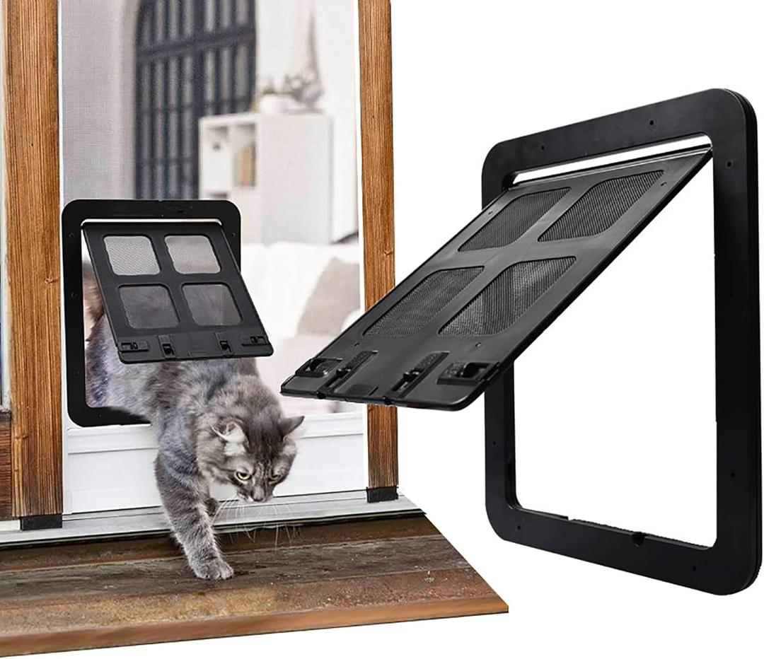Dog Cat Door for Screen Door with Magnetic Flap Lockable, Magnetic Closure Sturdy Screen Pet Door for Existing Sliding Door, Window (S (Inside Size: 9.4"*7.4"), Black)