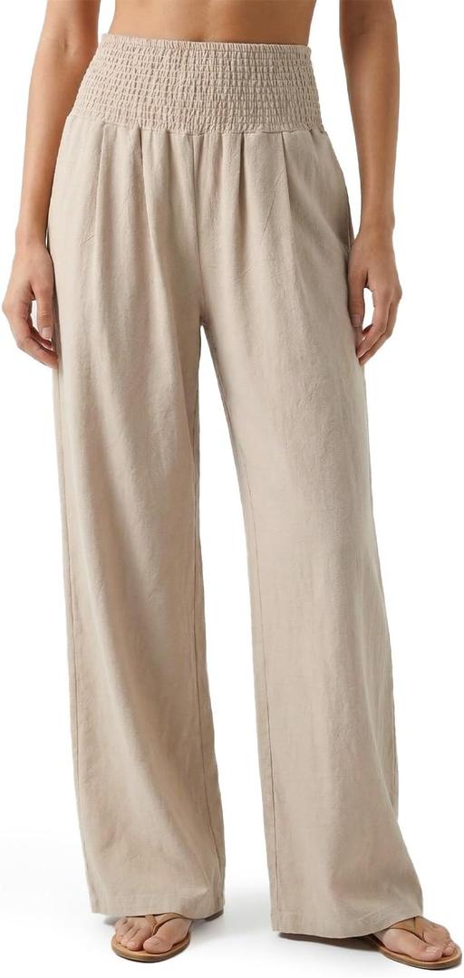Zylioo Tall Pants for Women Long Inseam Wide Leg Palazzo Pants High Waisted Flowy Summer Travel Pants with Pockets Khaki, X-Tall/Medium