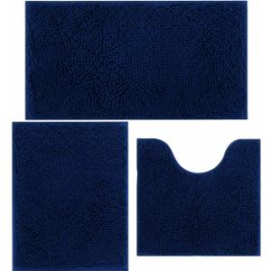 Bathroom Rugs Chenille Bath mat 3 Piece Set, Super Absorbent, Strong PVC Non Slip Backing, Bath mats for Bathroom, Plush Shaggy, Thick, Machine Washable, Bathtub, Toilet, Navy Blue, 20''×32''+16''×24''+20‘’×20'' U Shape