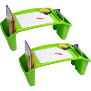 Mind Reader Kids Lap Desk, Portable Activity Tray with Side Storage, Stackable Plastic Desk for Drawing, Snacks, Study, Set of 2, Green