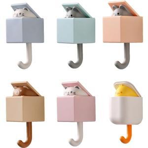 Creative Adhesive Coat Hook,6 Pcs Cute Pet Hooks for Coat, Scarf, Hat, Towel,Key,Bag, Utility Cat Hook for Wall Hanging Decorations(All 6 colors)