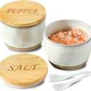 2 Pack Salt and Pepper Bowls Set, Ceramic Salt and Pepper Containers with Visible Airtight Bamboo Lid and Spoon, White Salt Pepper Holder Shakers Set, Salt Cellar Box Dish with Lid (Brown Clay)