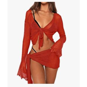 Women's 2 Pieces Outfits Mesh Perspective Suit Swimming Beach Long Sleeve Crop Top and Mini Skirt Set small