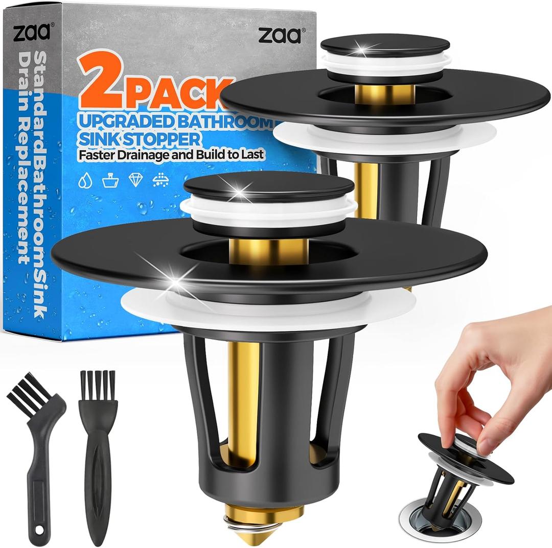 3 x zaa Bathroom Sink Stopper - 2Pack Bathroom Sink Drain Strainer,Pop Up Bathroom Drain Stopper with Anti-Clogging Filter Basket,for 1.05~1.65 in U.S.Standard Basin Drain Holes,Black