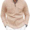 Runcati Mens Quarter-Zip Pullover Sweater Cable Knitted Stand Collar Winter Casual Warm Twisted Knitwear Sweaters , M, Beige