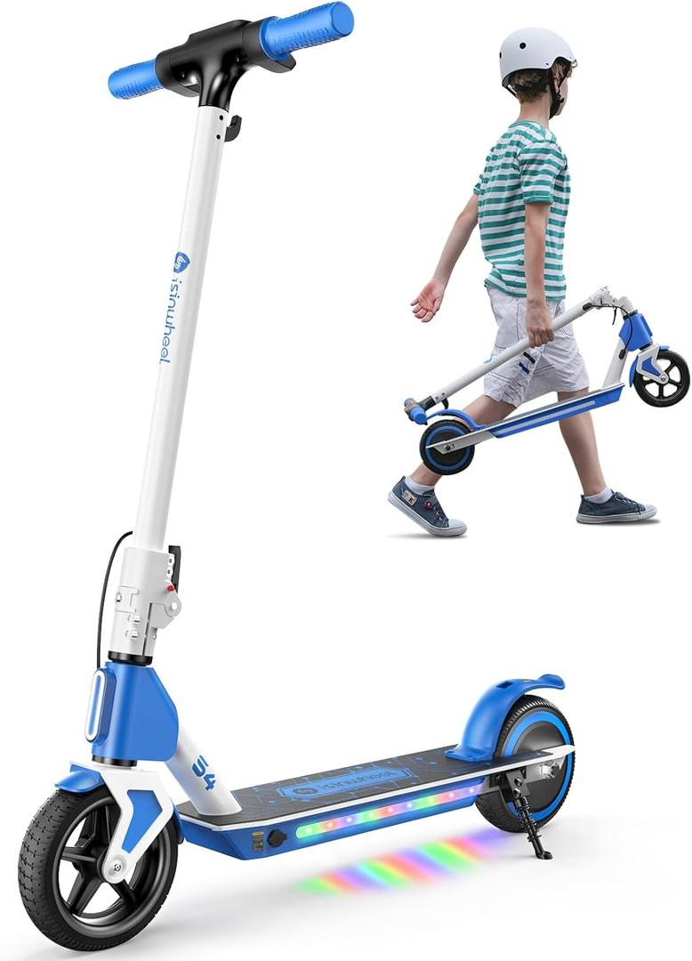 isinwheel Electric Scooter for Kids Ages 6-14, 200W/150W Foldable Kids Electric Scooter with 3 Speeds (5/8/12 Mph), Bluetooth, LED Display, Colorful Lights, Gift for Kid