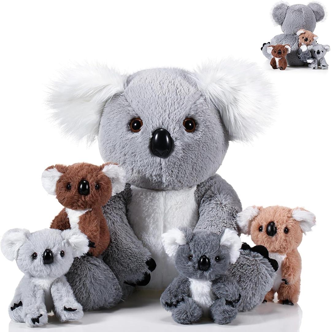 Lenwen 5 Pcs Koala Bear Stuffed Animal Set 12.6 Inch Mommy Koala Plush with 4 Cute Babies in Her Zippered Tummy Soft Cuddly Nursery Koala Plushie for Boys Girls Birthday Baby Shower Party Favor Gifts