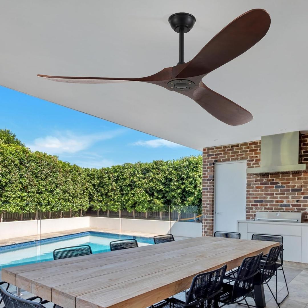 60'' Solid Wood Blades Ceiling Fan without Light,Quiet and Large Airflow with Speed Memory Function,Outdoor Ceiling Fan no Light for Living Room,Bedroom,Porch (Walnut)