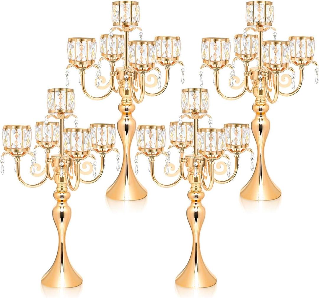 Gold Candelabra Candle Holders, Elegant Bling Centerpiece with Pendant Crystal Table Decorations 5 Arms Candlesticks for Dining Room,22 Inches Tall (4, Gold)