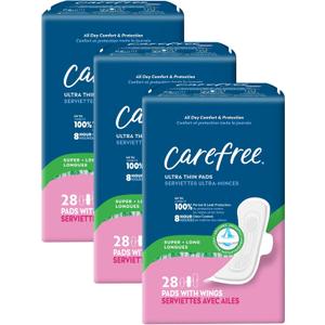 Carefree Ultra Thin Pads for Women, Super/Long Pads with Wings, 84ct (3 Packs of 28ct) | Carefree Feminine Care, Period Care & Postpartum | 84ct (3 Packs of 28ct)