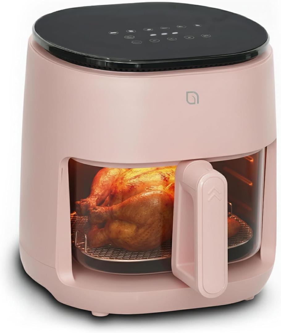 WILLOW Eco Series 6 in 1 Air Fryer with Glass Basket, 5 Quart Non Toxic Air Fryer w Digital Display, 430°F Max Temp, Preheat & Keep Warm Function, Compact + Dishwasher Safe Glass Pink Airfryer, 5QT