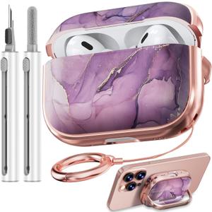 with Safety Lock for AirPods Pro 2nd/1st Generation Case Cover, Cute Floral AirPod Pro 2 Case Hard iPod Pro Cases for Women Girly (2023 USB-C/2022/2019) - Purple Gold Marble