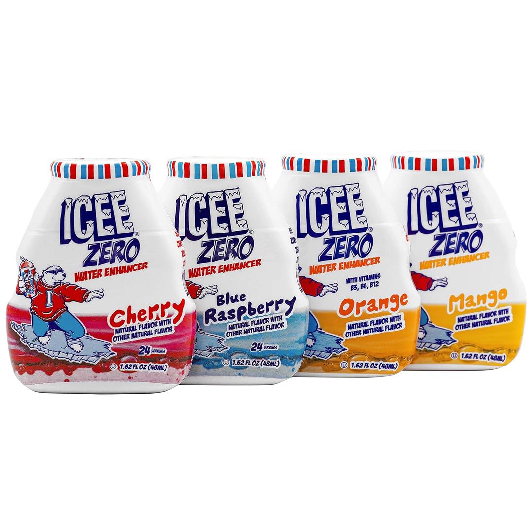 ICEE Zero Calorie Cherry, Blue Raspberry, Orange and Mango Liquid Water Enhancer Drink Mix, Natural Flavor Drops, Sugar Free, 1.62 Fl Oz Concentrate (48 ml) - 4 Ultimate Variety Pack (Best By: 05/01/2026)