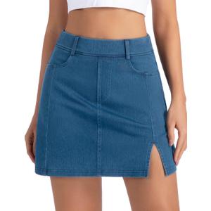 THE GYM PEOPLE Women's Stretchy Jean Skorts Slim Fit Side Split Casual Denim Skirts with Pockets (Blue), S