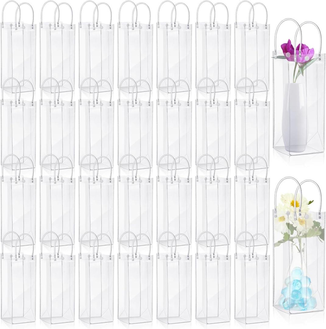LEIFIDE 50pcs Clear Plastic Gift Bags with Handles PVC Reusable Transparent Totes Bags for Goodie Candy School Birthday Party(3.9 x 9.8 x 3.9 Inch)