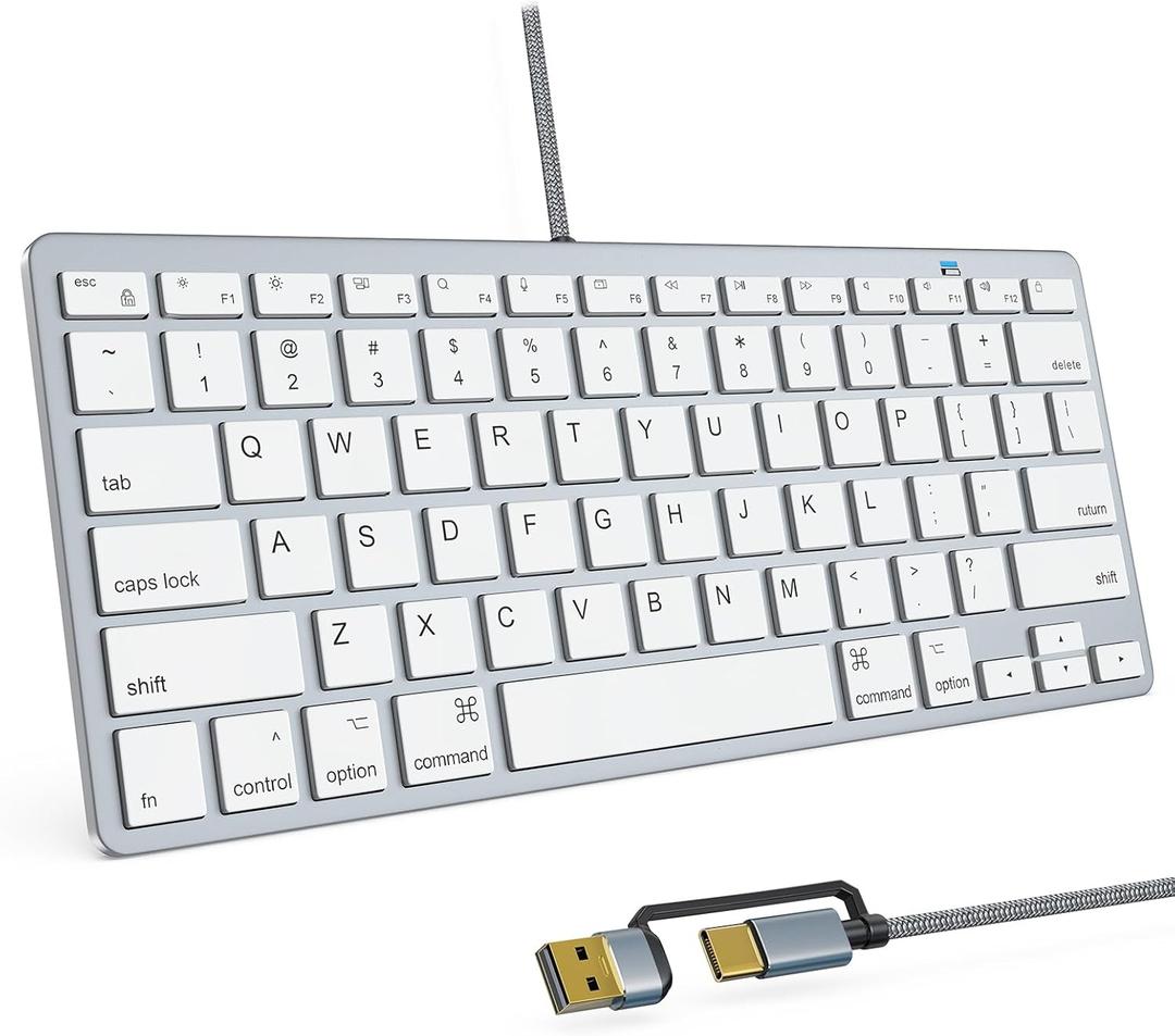 Ultra-Slim Wired Keyboard for Apple, USB & Type-C Conversion Cable, 78 Scissor Keys, Media Hotkeys, Compatible with MacBook, iMac, Mac mini, Mac Pro, Laptop Computers, Windows Desktop PC, Silver