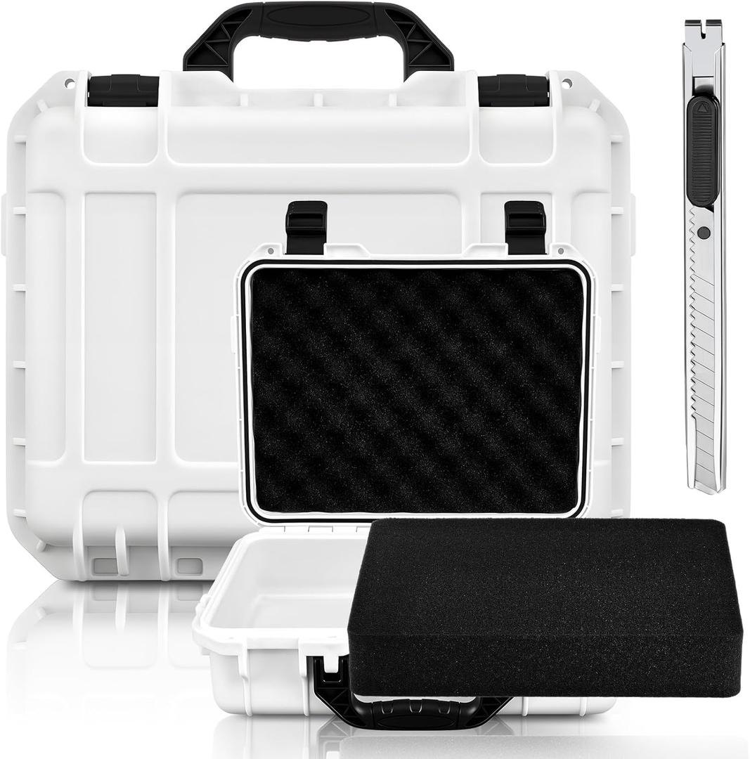 Relaxweex 1 Pcs Waterproof Hard Case with DIY Customizable Foam Insert Portable Protective Case with Knife for Camera Drones Equipments Tools Test Instruments(White,11.3 x 8.7 x 4.2 Inch)