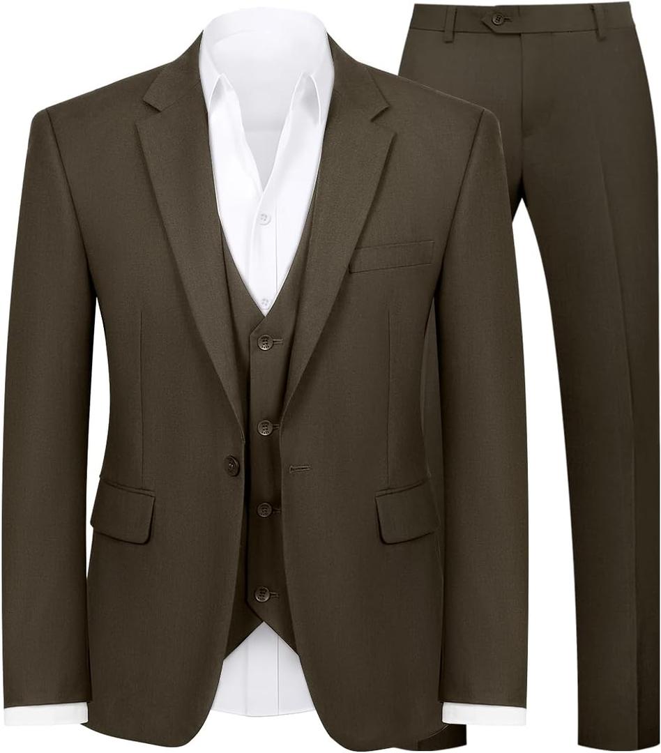 WYWK Men's 3-Piece Slim Fit Tuxedo Suit Set‌ for Men One Button Blazer Jacket Vest Pants Business, Wedding ,Banquet, Party Brown Medium