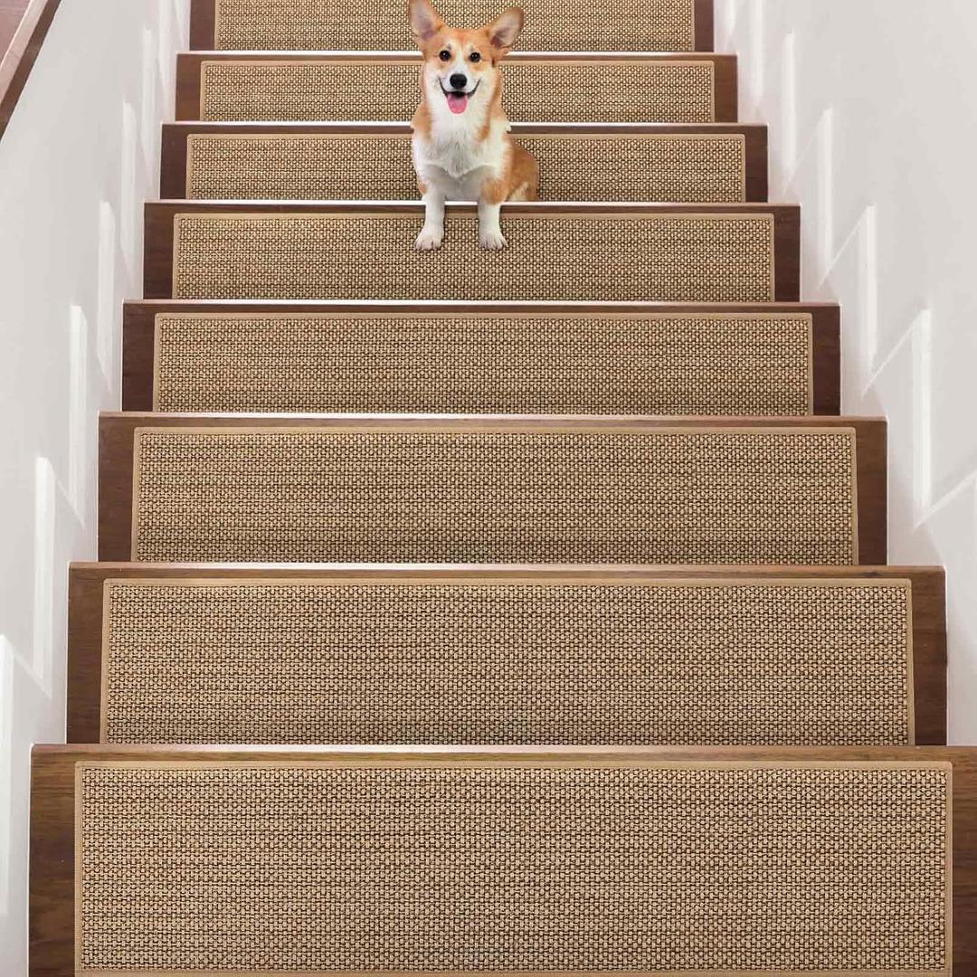 Seloom Linen Non Slip Stair Treads Carpet for Wooden Steps Indoor, Peel and Stick Carpet Stair Tread for Wood Stairs, Machine Washable Stair Runners for Pets, 15 Pack, Beige (9" x36")