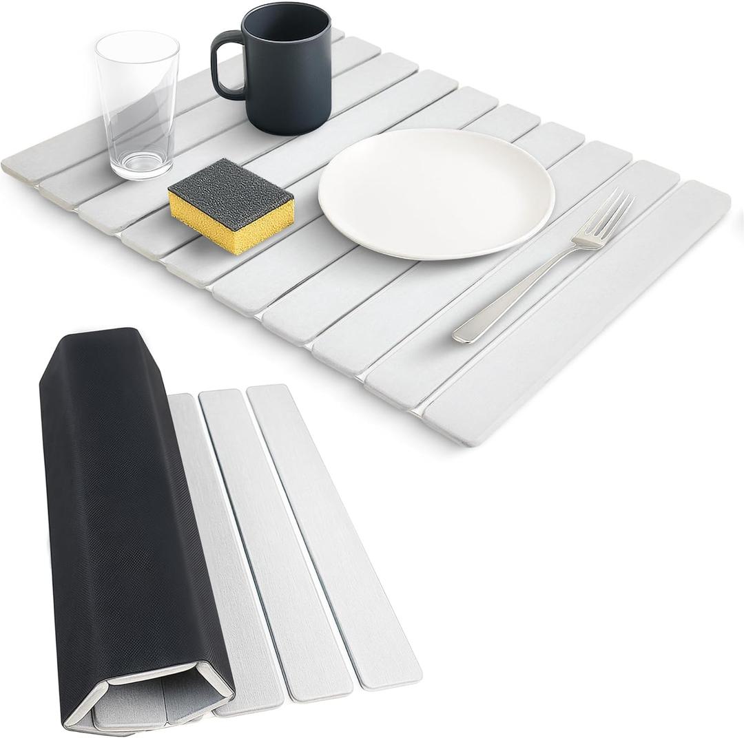 Large Stone Dish Drying Mats for Kitchen Counter , Quick Dry Absorbent Collapsible Dish Drying Mat With Rubber Sole, 23.4(L)x15.4(W) Diatomaceous Earth Mats for Dishes Bottles Cups