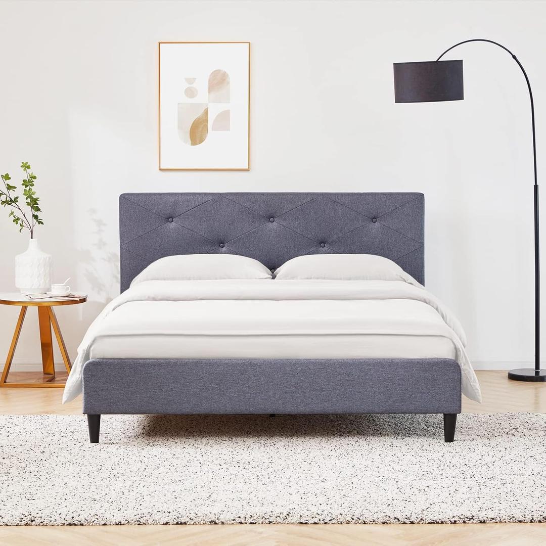 yoyomax Queen Bed Frame with Headboard, Linen Upholstered Bed Frame with Wooden Slats Support, No Box Spring Needed/Easy Assembly/Mattress Foundation, Grey
