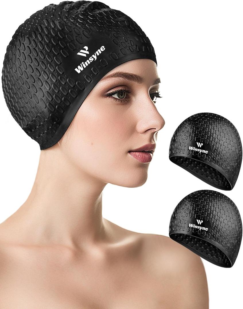 2 Pack Unisex Silicone Swim Cap for Women Men, Large Size Swimming Caps for Long Hair/Braids to Keep Hair Dry, Waterproof Bathing Caps for Swimming with Ear Plugs & Nose Clip Set, Large