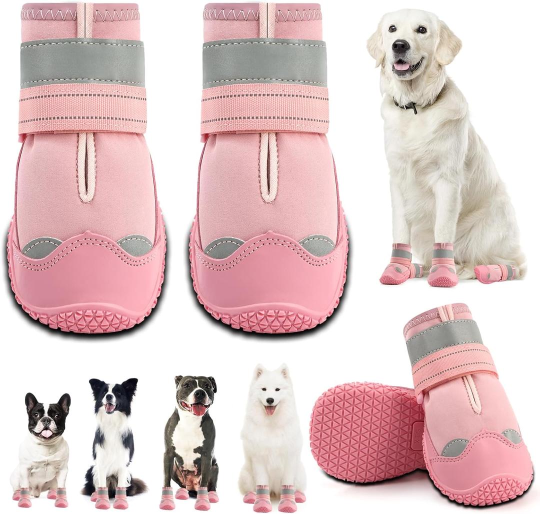 Dog Boots for Large Dogs, Medium Dog Boots & Paw Protectors for Hardwood Floors, Outdoor Dog Booties for Hot Pavement Winter Snow Hiking, Dog Shoes with Reflective Strips (Width 2.75 Inch, Pink)