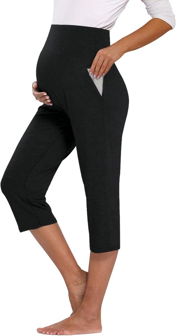 AMPOSH Women's Maternity Capri Pants Stretchy Lounge Pants Comfortable Pregnancy Shorts (X-Large, 001 Black With Pockets)