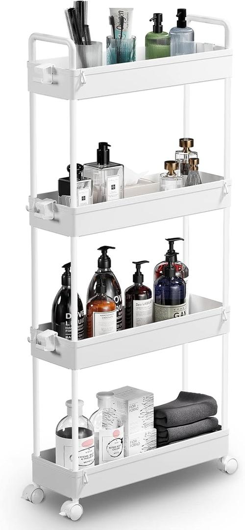 SOLEJAZZ Slim Rolling Storage Cart with Wheels 4 Tier Skinny Bathroom Storage Organizer Narrow Shelf Unit Thin Laundry Room Utility Cart for Bedside Kitchen Office Next to Fridge Small Places, White