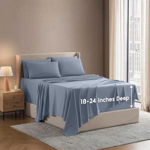 Nestl Extra Deep Split King Sheet Set - 4 Piece Breathable & Cooling Sheets - Hotel Luxury Bedding Set w/18-24 Inch Extra Deep Pockets - Easy & Secure Fit - Soft, Wrinkle Free & Comfy - Stone Blue