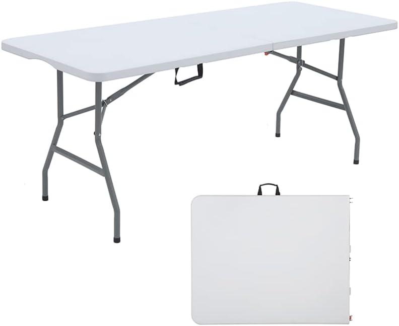 6FT Dining Table, Foldable Plastic Utility Table, Indoor Outdoor Camping, Picnics and Parties, White, Load Capacity 330 lbs
