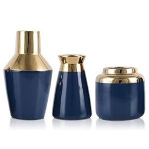 3 Piece Wide Mouth Vase Set for Table Centerpiece, Ceramic Blue Gold Flower Vase for Pampas Grass Decor, Glossy Gold Unique Vases for Bathroom Fireplace Top Shelf Entryway Decorative