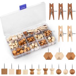 114Pcs Decorative Push Pins in 7 Types and 2 Colors Wooden Push Pins Cute Thumb Tacks Clips for Cork Board Bulletin Board Wall Cubicle Crafts for Office Classroom Farmhouse with Storage Box (Mixed)