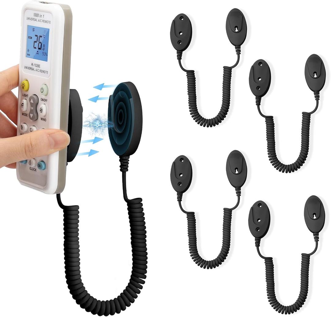 WALLFID 4-Pack Magnetic Remote Control Holders with Spring Ropes - Safely Secure Remotes & Small Items, Wall-Mount with Adhesive, Anti-Loss, Rapid Adsorption, Extendable Spring (Black 70 inch4 Pack)
