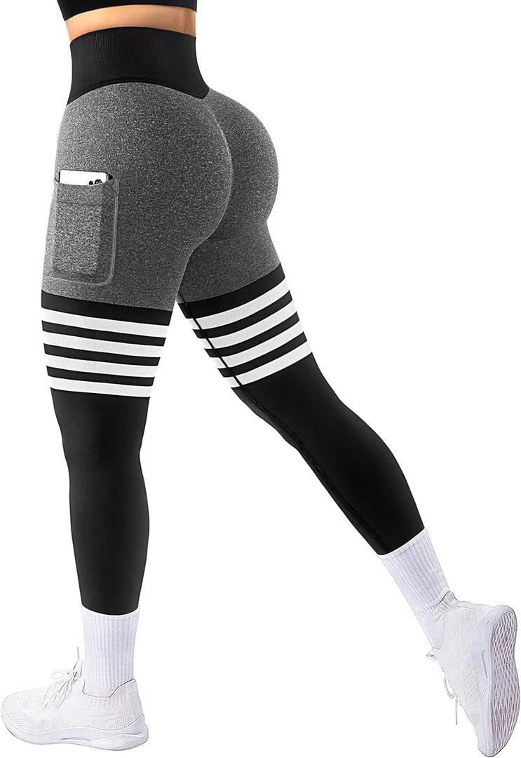 A AGROSTE Seamless Workout Leggings for Women Scrunch Butt Lifting Leggings Booty High Waisted Yoga Pants (1-black Dakgrey Side Pockets)