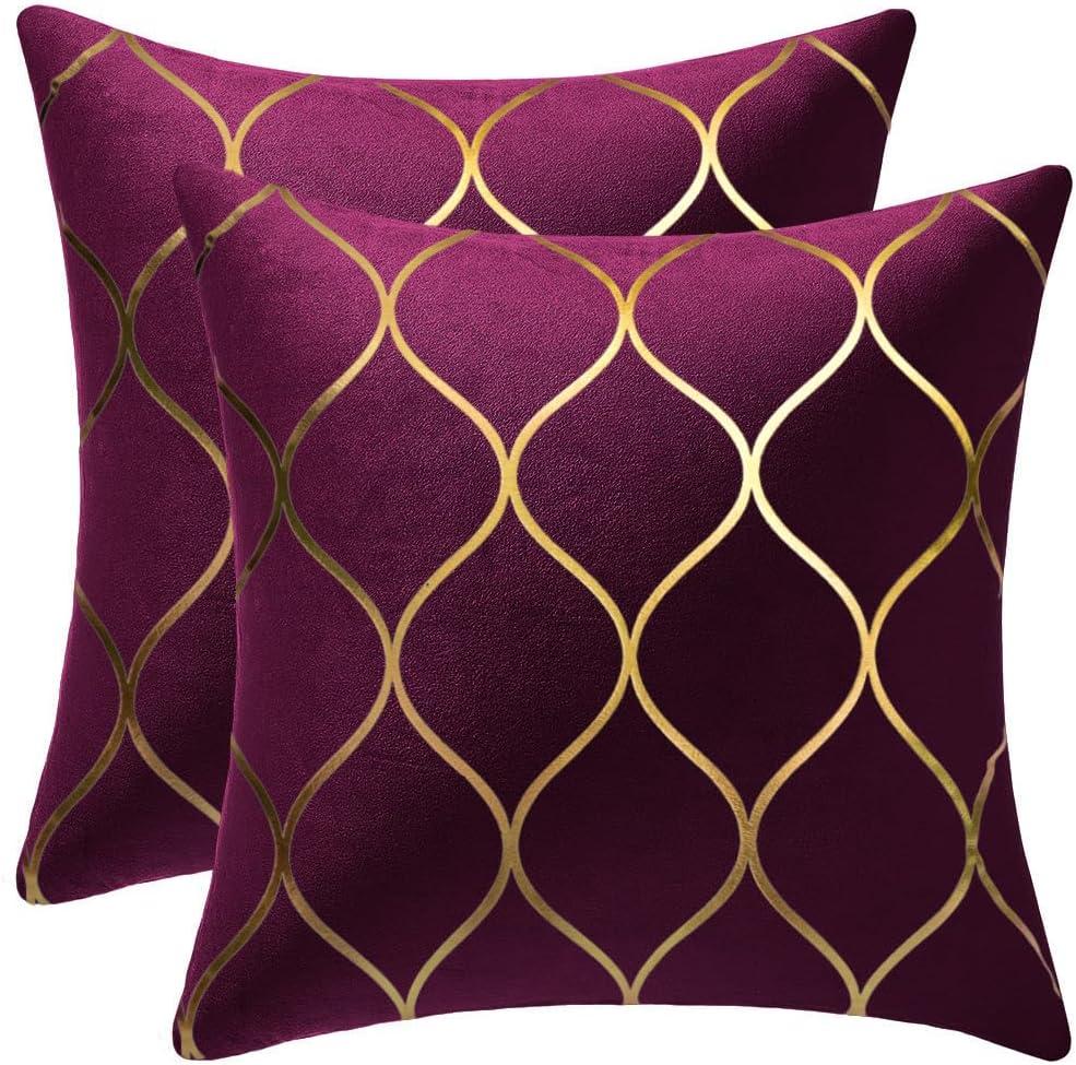 Gold Velvet Throw Pillow Covers Purple: 2 Pack 24x24 Inch Square Decorative Pillow Cases for Bedroom Sofa Couch Living Room