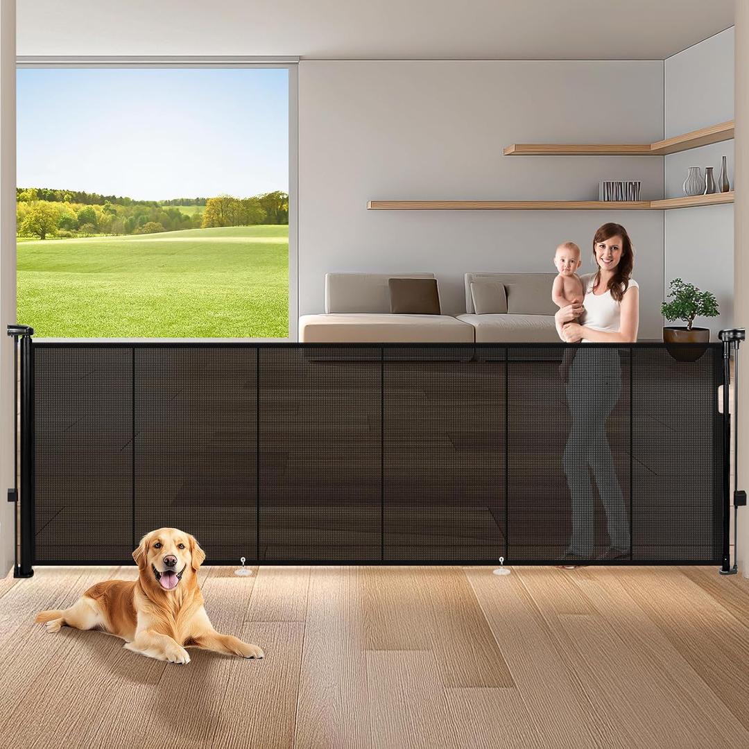 120" Extra Wide Retractable Baby Gates Mesh Gate, Long Retractable Dog Gate for Large Opening, 42" Extra Tall Child Safety Gate Pet Gate with Support Rods for Stairs Hallways Doorways Indoor Outdoor