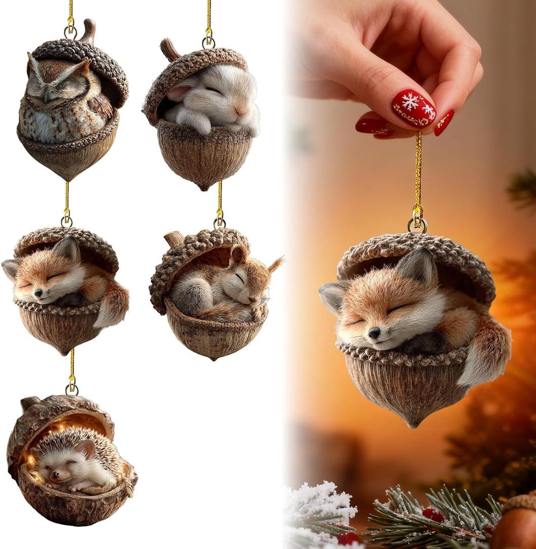 5Pcs Forest Animal Acorn Ornaments,Cozy Forest Woodland Christmas Ornaments for Christmas Tree,Forests Animal Christmas Ornaments,Pine Cone Animals Decor,Squirrel Acrylic Hanging Ornament