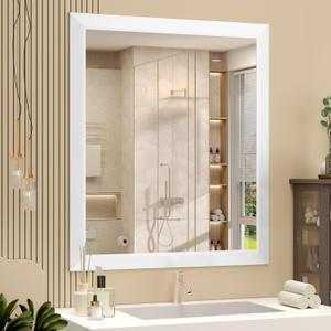 SMIROR Matte White Bathroom Mirror for Over Sink, 28x 32 Metal Thick Framed Rectangle Vanity Mirror for Wall, Right Angle Corner, Anti-Rust, Horizontally or Vertically Mounted