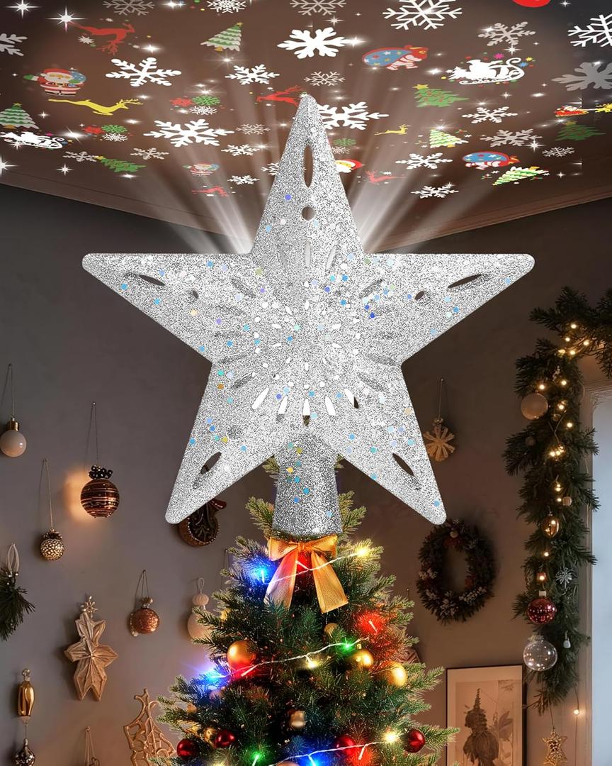 Christmas Tree Topper Star Lighted with 32.8ft Breathing Flickering Light Cord & 6 LED Projection Modes, Silver Christmas Star Topper for Indoor Xmas Holiday Tree Decoration