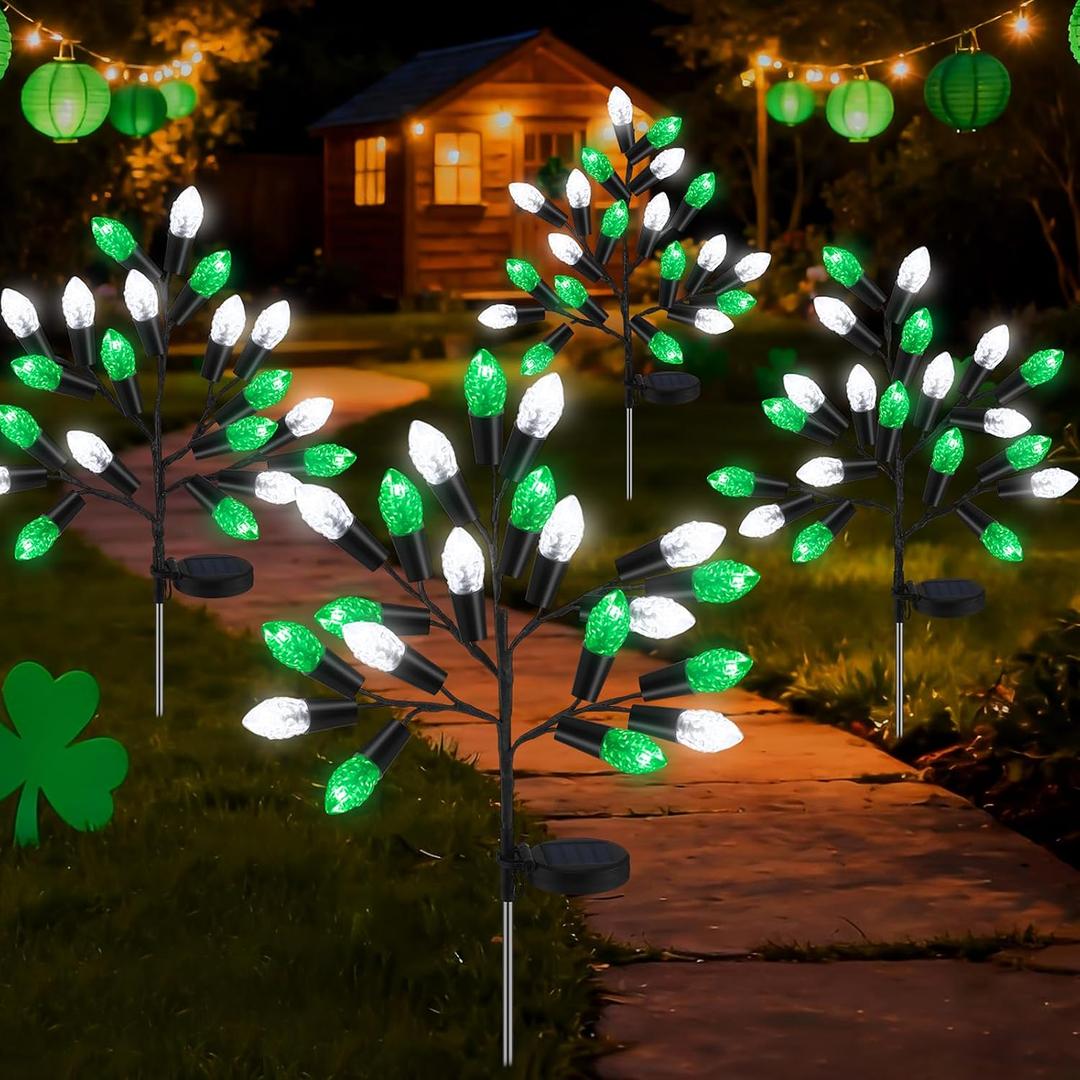 Glooglitter 4 Pcs ST Patricks Day Solar Pathway Lights Outdoor Decorations 28" Irish Shamrock Stake Light Waterproof Yard 8 Modes 80 LEDs Green White Tree for Walkway Path Garden Patio Decor