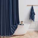 BTTN Extra Long Shower Curtain - 72x84 Long Boho Chic Striped Tassel Linen Fabric Shower Curtain Set with Hooks, Tall Modern Farmhouse Cute Heavy Duty Cloth Shower Curtains for Bathroom - Navy Blue