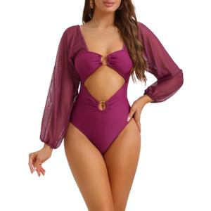 Women's Cut Out Ring Plunge Neck Shirred Bikini, 1 Piece Long Sleeves Mesh Tummy Control Swimsuit Bathing Suit (Large, Dark Purple)