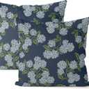 Navy Blue Spring Pillow Covers 22x22 Inch 2 Pcs Blue Green Hydrangea Flower Decor Throw Pillows Vintage Floral Seasonal Summer Outdoor Decoration Pillowcase Linen Cushion Cover for Couch Sofa